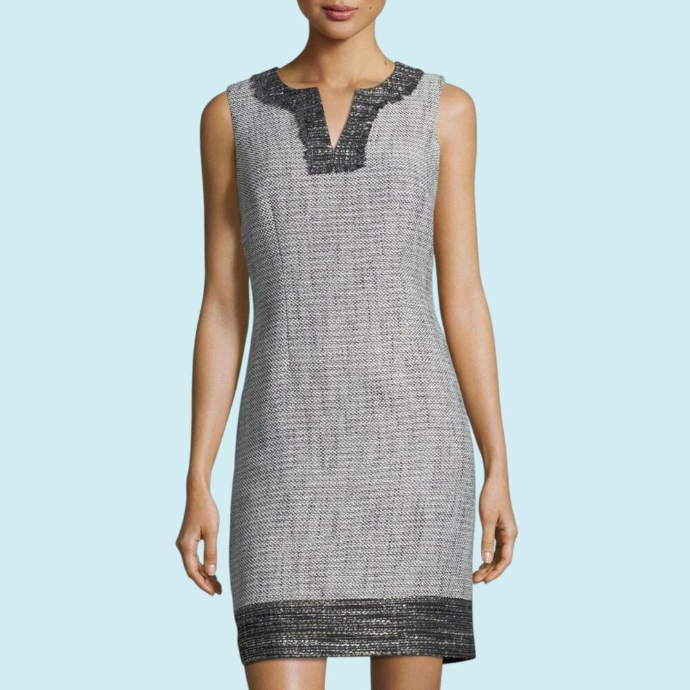 KARL LAGERFELD Dress Size 14 Tweed Split V-neck Sleeveless Shift Fall Autumn